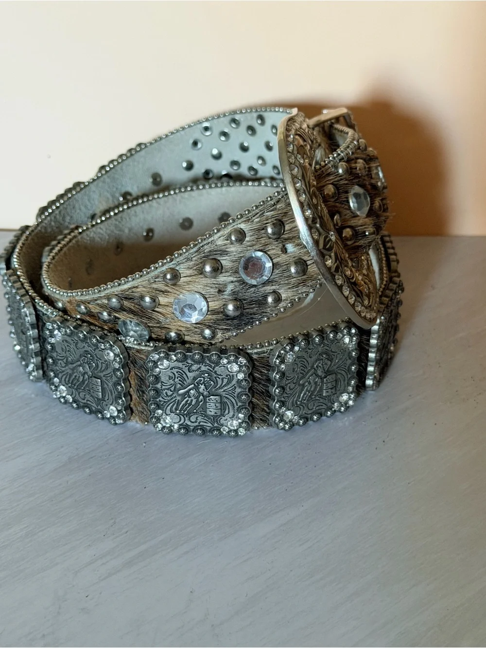 Western Cowgirl Tan Cowhide belt with barrel racer designed Square Conchos sz L